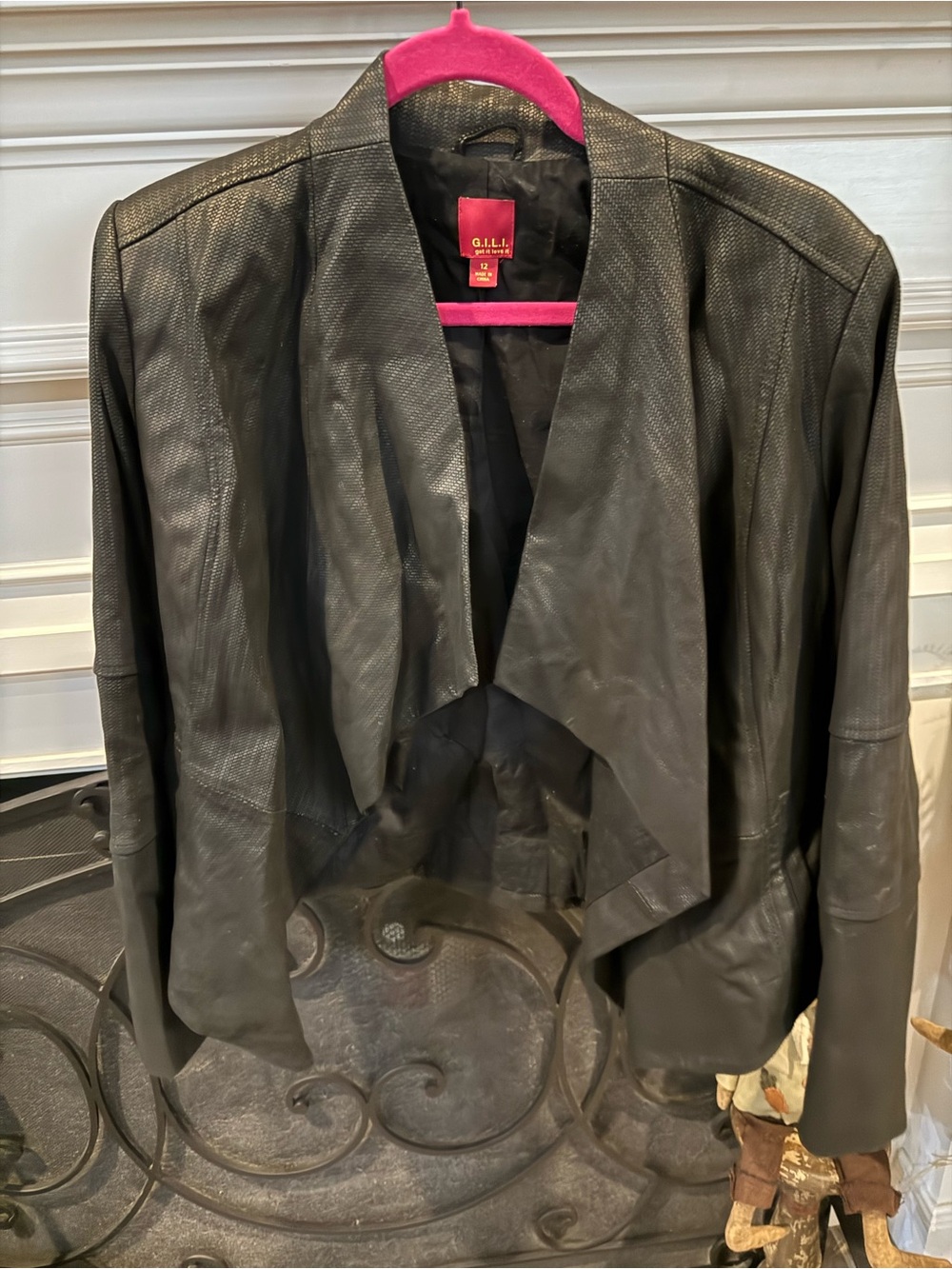 G.I.L.I. Black Draped Open-Front Leather Jacket